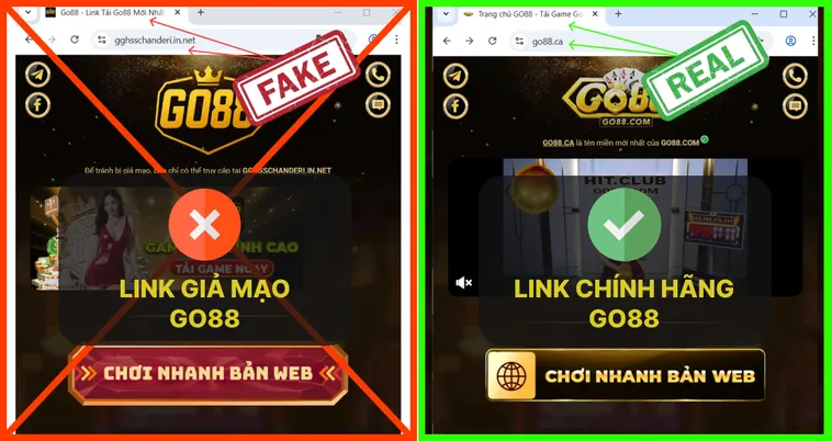 Trang chủ Go88.com thật cung cấp đầy đủ thông tin khuyến mãi và hỗ trợ, trong khi trang giả Go88.com thiếu hoặc sao chép sơ sài.